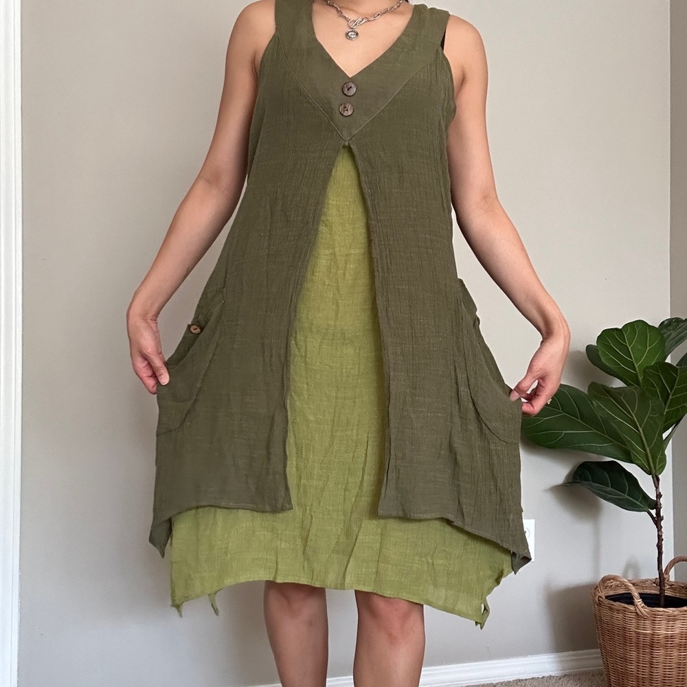 Moss colored cotton silk fairycore asymmetrical hemline dress with pockets